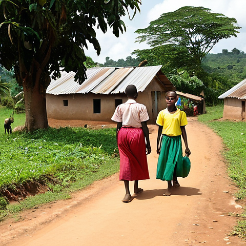 **Rural Poverty in Côte d'Ivoire**: Create an image depicting a rural village in Côte d'Ivoire, highlighting the challenges faced by residents. Include elements such as limited access to education and healthcare facilities, with people working in agriculture and children walking to a distant school.