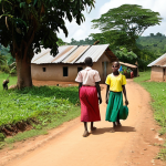 **Rural Poverty in Côte d'Ivoire**: Create an image depicting a rural village in Côte d'Ivoire, highlighting the challenges faced by residents. Include elements such as limited access to education and healthcare facilities, with people working in agriculture and children walking to a distant school.
