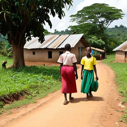 **Rural Poverty in Côte d'Ivoire**: Create an image depicting a rural village in Côte d'Ivoire, highlighting the challenges faced by residents. Include elements such as limited access to education and healthcare facilities, with people working in agriculture and children walking to a distant school.