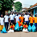 **

"A group of Ivorian community members, fully clothed and wearing appropriate work attire, participating in a community cleanup event, collecting plastic waste in a vibrant Abidjan neighborhood, focusing on teamwork and environmental responsibility, safe for work, appropriate content, professional, modest clothing, perfect anatomy, natural proportions, high quality photo."

**