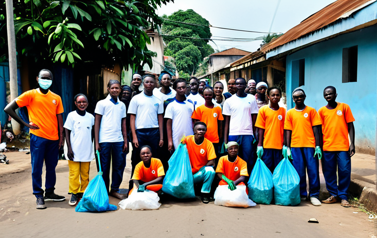 **

"A group of Ivorian community members, fully clothed and wearing appropriate work attire, participating in a community cleanup event, collecting plastic waste in a vibrant Abidjan neighborhood, focusing on teamwork and environmental responsibility, safe for work, appropriate content, professional, modest clothing, perfect anatomy, natural proportions, high quality photo."

**