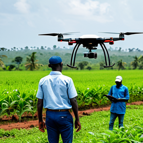 AgriTech Innovation**

A young Ivorian entrepreneur, fully clothed in professional attire, is demonstrating a drone equipped with AI for precision agriculture in a lush green field. Farmers in modest clothing are observing with interest. Background: A rural Ivorian landscape. Safe for work, appropriate content, perfect anatomy, correct proportions, natural pose, professional, family-friendly.

**
