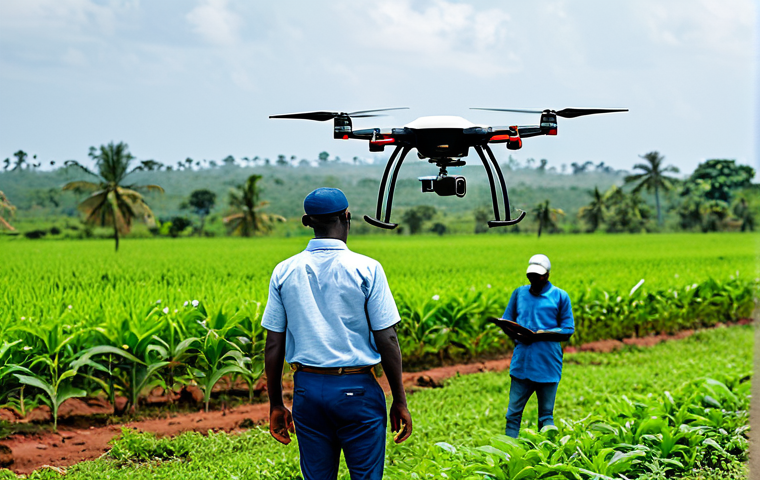 AgriTech Innovation**
A young Ivorian entrepreneur, fully clothed in professional attire, is demonstrating a drone equipped with AI for precision agriculture in a lush green field. Farmers in modest clothing are observing with interest. Background: A rural Ivorian landscape. Safe for work, appropriate content, perfect anatomy, correct proportions, natural pose, professional, family-friendly.
**