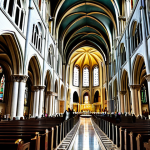 코트디부아르 바실리크 성당 - **Grand Interior Shot:** "The interior of a massive basilica, high vaulted ceilings, stained glass w...
