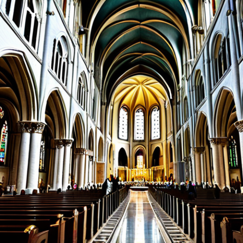코트디부아르 바실리크 성당 - **Grand Interior Shot:** "The interior of a massive basilica, high vaulted ceilings, stained glass w...