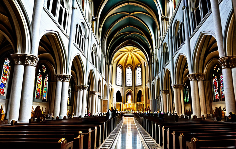 코트디부아르 바실리크 성당 - **Grand Interior Shot:** "The interior of a massive basilica, high vaulted ceilings, stained glass w...